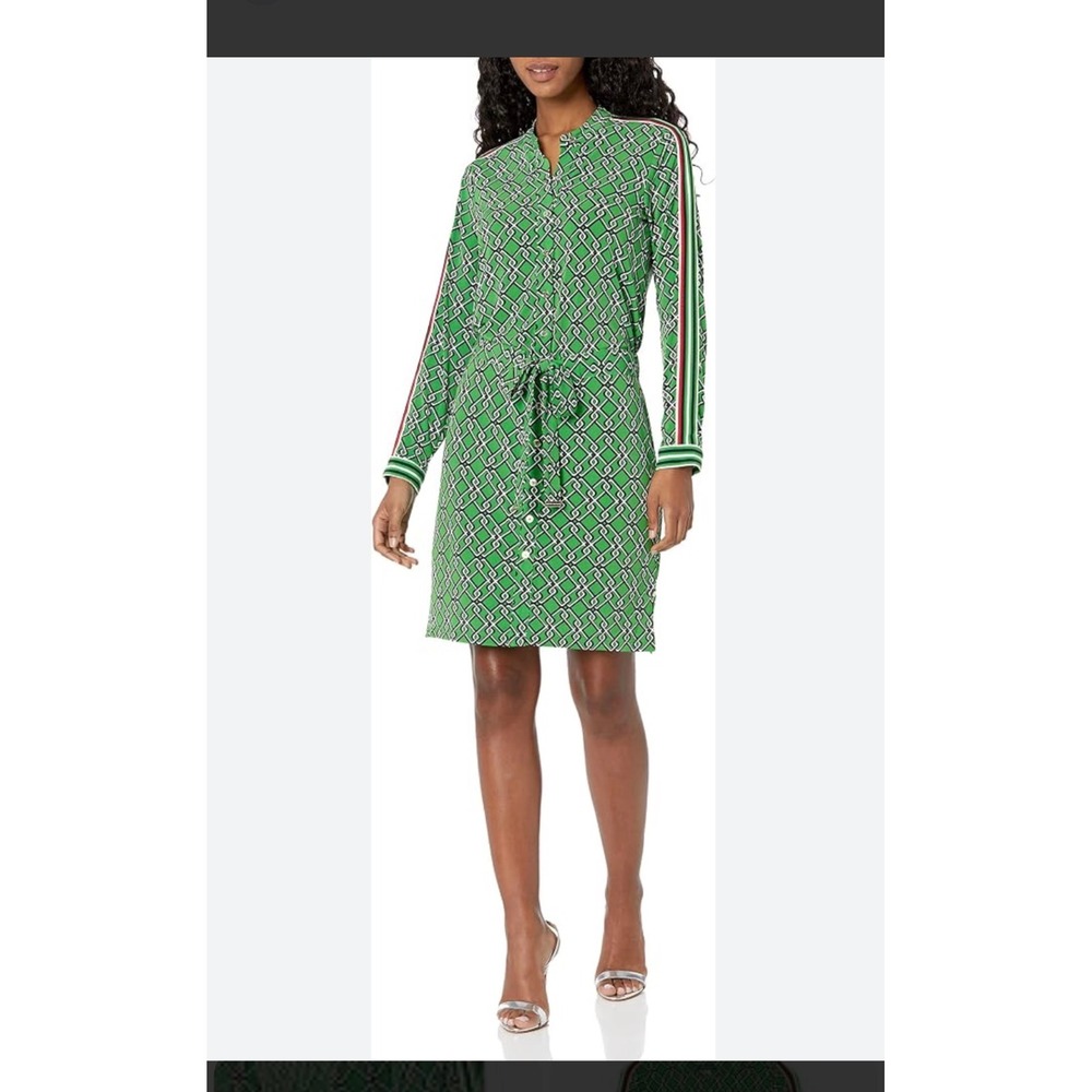 Tommy Hilfiger Shirt Dress Womens 2 Green Geometric Chain Print Long Sleeve New